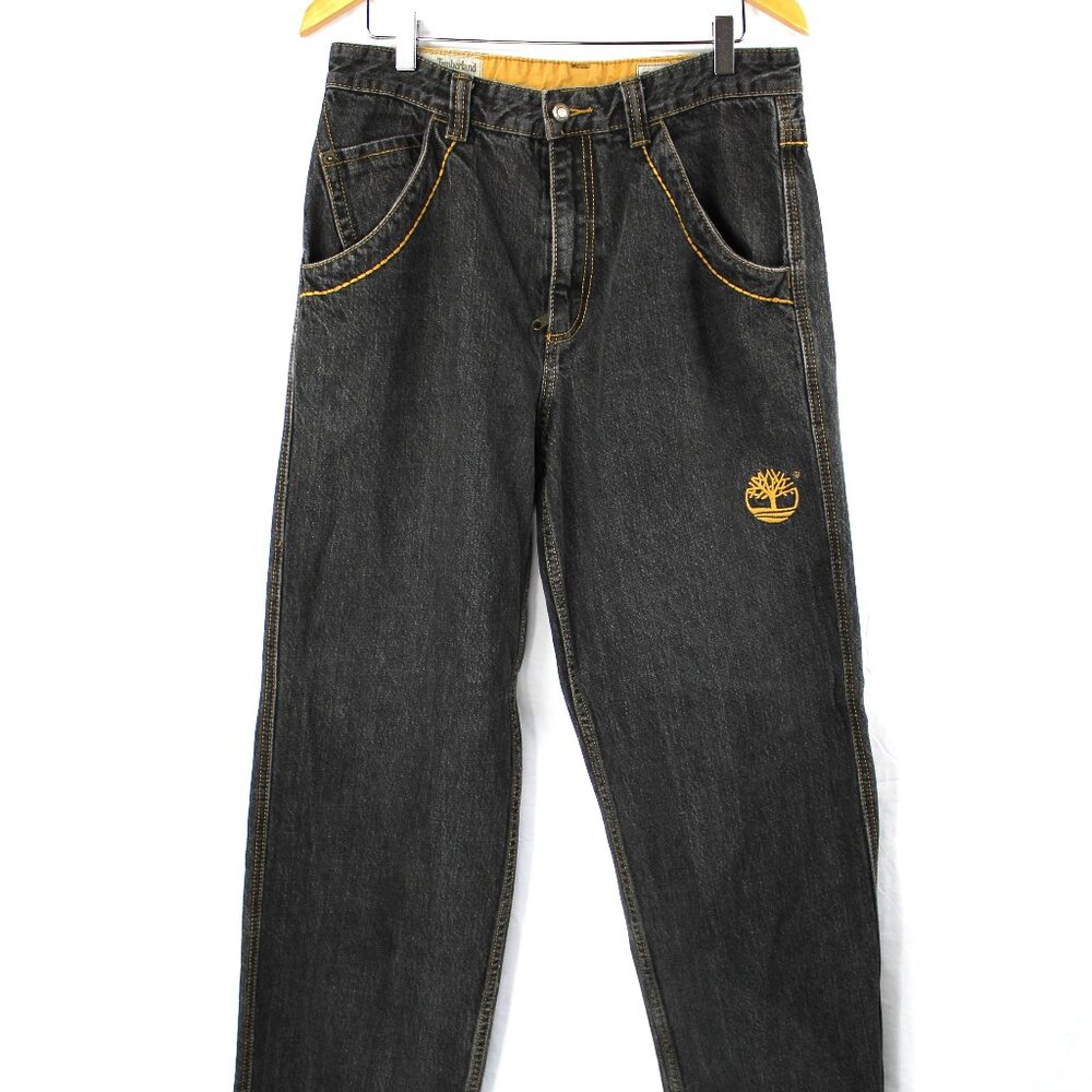 Vintage Timberland Men's Y2K Wide Leg Black Denim Jeans Size 34 Grunge Baggy